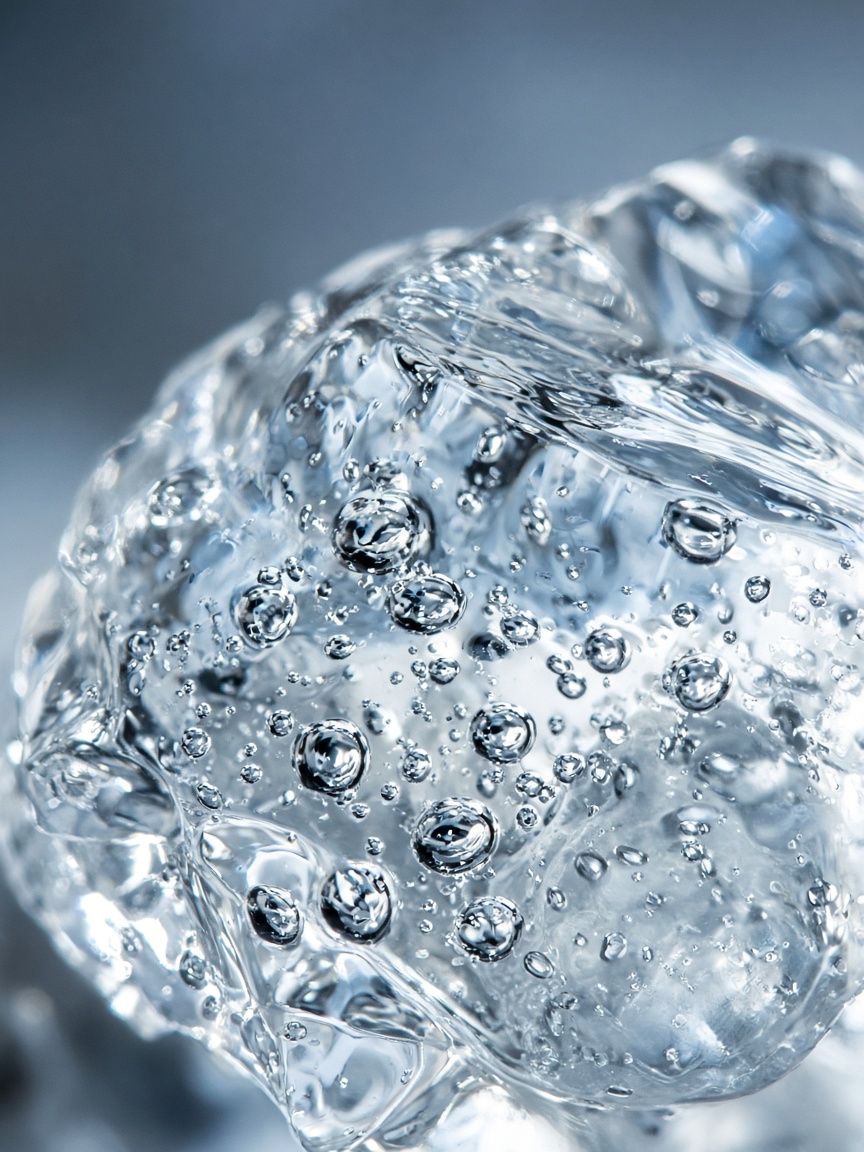 Macro photograph of melting ice: facets, bubbles, and pale blue light.