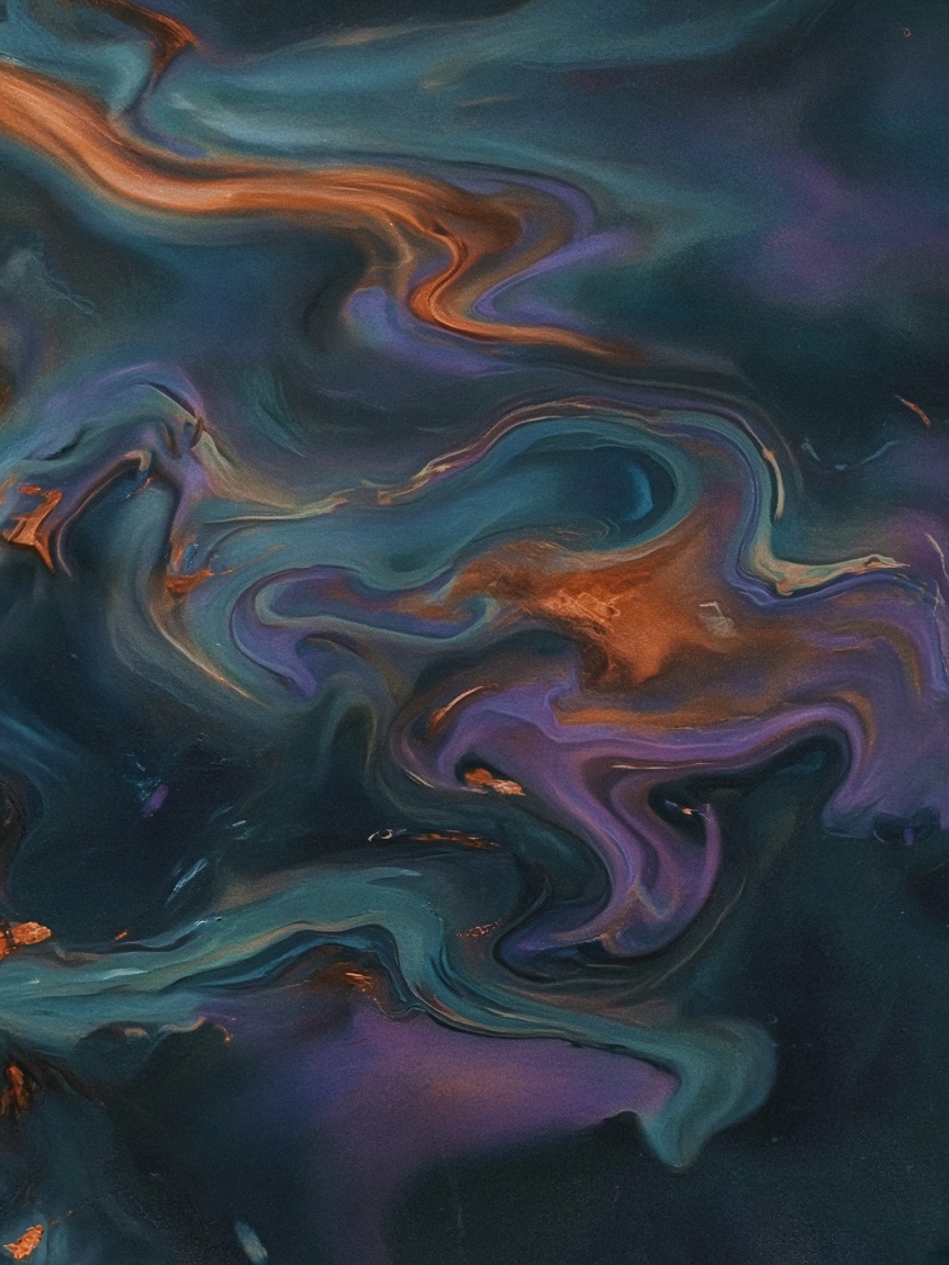 Abstract photograph of oil swirling on dark water, in teal, copper and violet.
