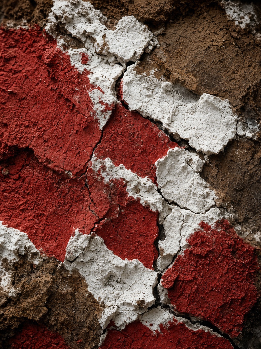 Macro photograph of thick cracked paint in red, white and umber.
