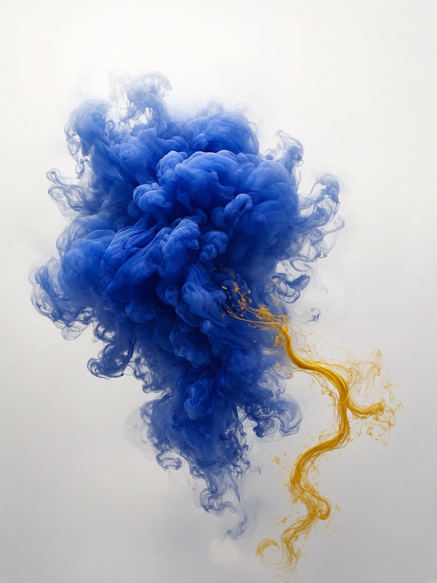 Photograph of blue and ochre pigment blooming in clear water.