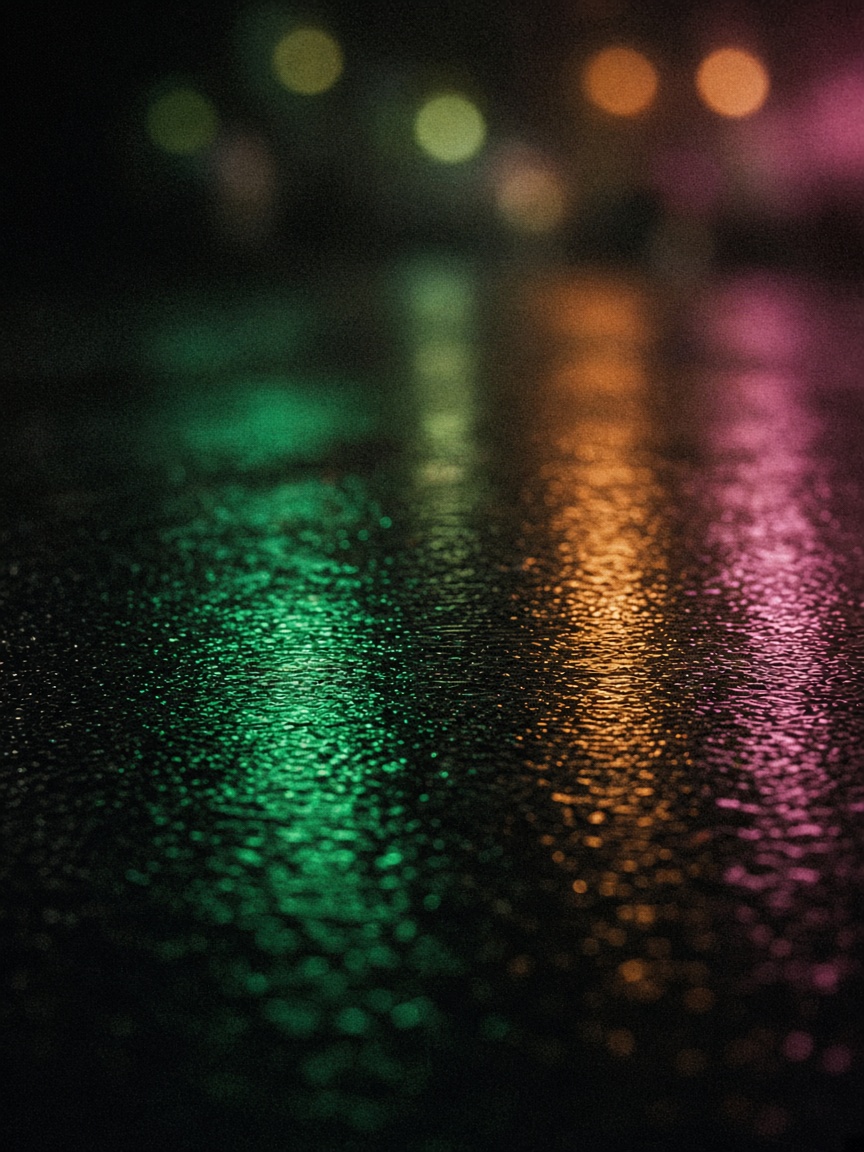 Night photograph of rain on asphalt, with green, amber and magenta light and no readable signs.